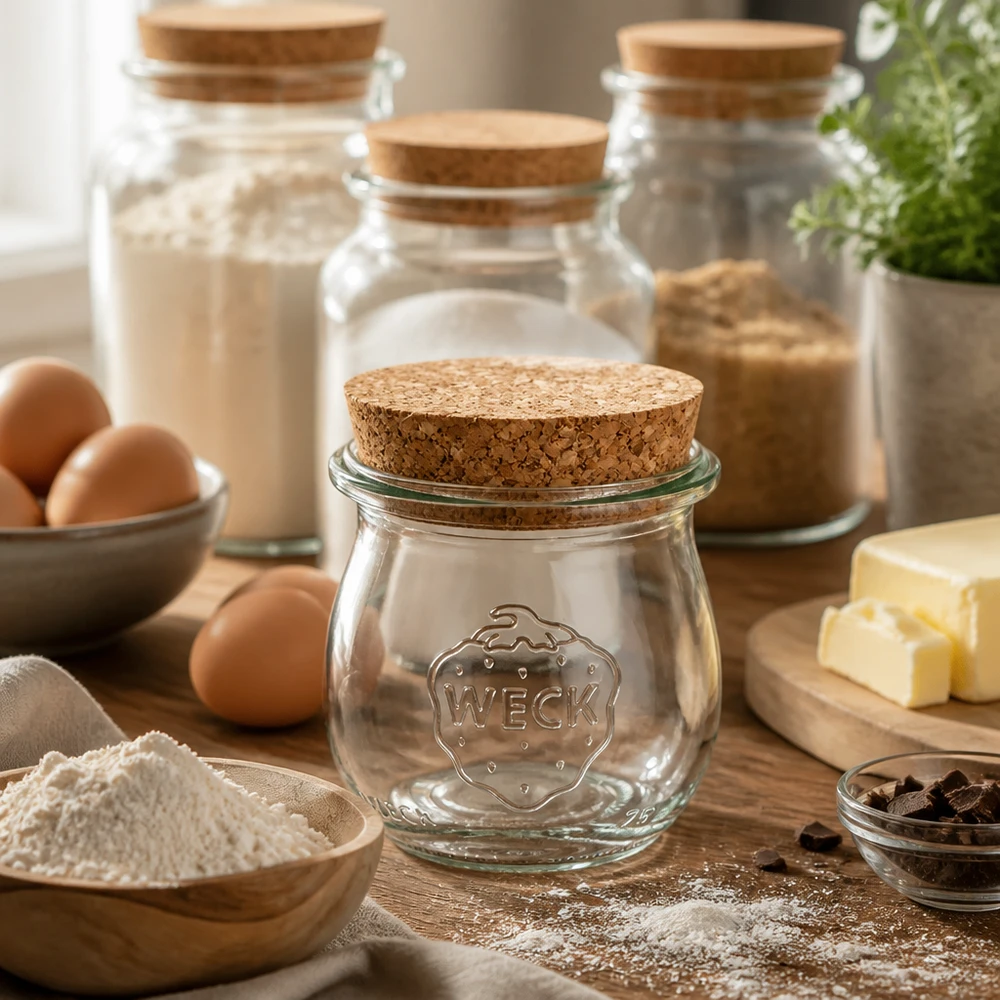 75ml bocal tulipe WECK RR40 avec bouchon nature WECK Pot tulipe 75ml RR40 avec bouchon en liège dans une scène de cuisine rustique avec des œufs de la farine du beurre et des ingrédients de cuisson