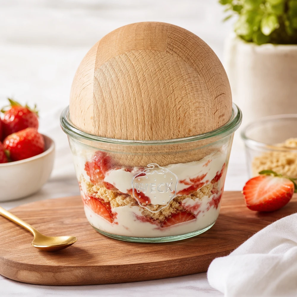 370ml bocal conique WECK RR100 avec boule en bois en hêtre WECK Verre renversé 370ml RR100 rempli de dessert aux fraises Boule de hêtre Couvercle Dessert en couches Servir le dessert