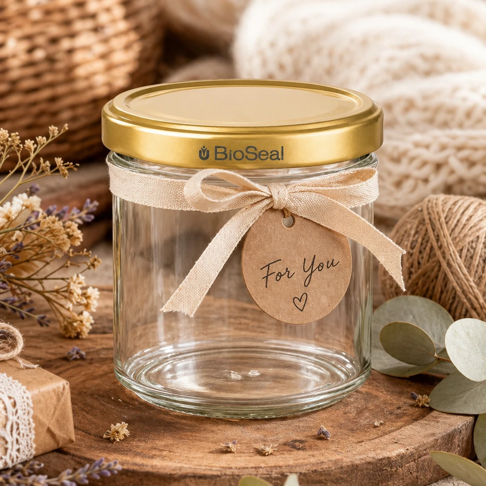 Pot à miel 200 g avec couvercle doré BioSeal UNiTWIST 200g pot de miel vide BioSeal couvercle doré comme cadeau décoré avec ruban et pendentif For You
