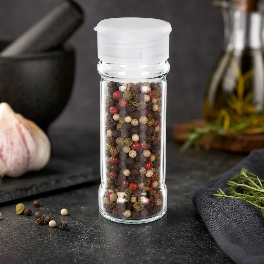 Pot à épices transparent de 100 ml avec couvercle saupoudreur blanc, rempli de grains de poivre multicolores