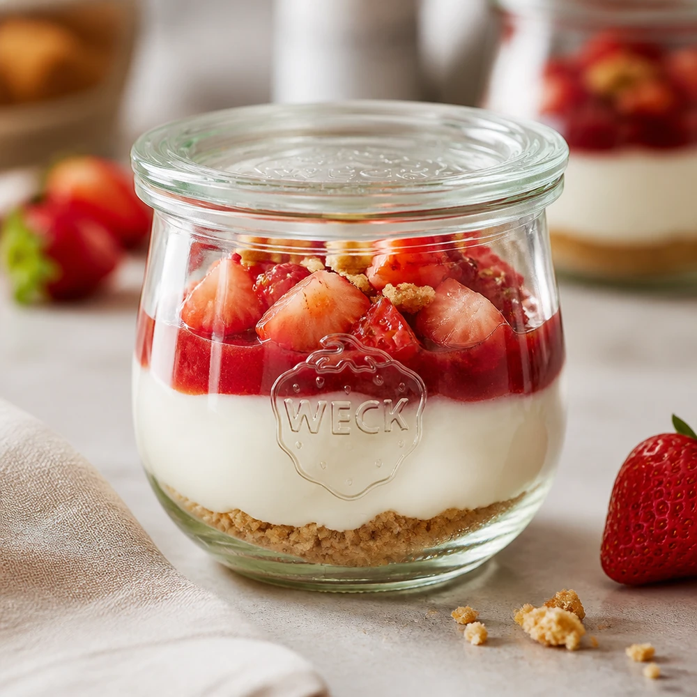 370ml bocal tulipe avec bouchon en verre WECK RR80 WECK Pot tulipe 370ml RR80 avec dessert stratifié à la fraise et fond de biscuit servi dans le pot comme dessert