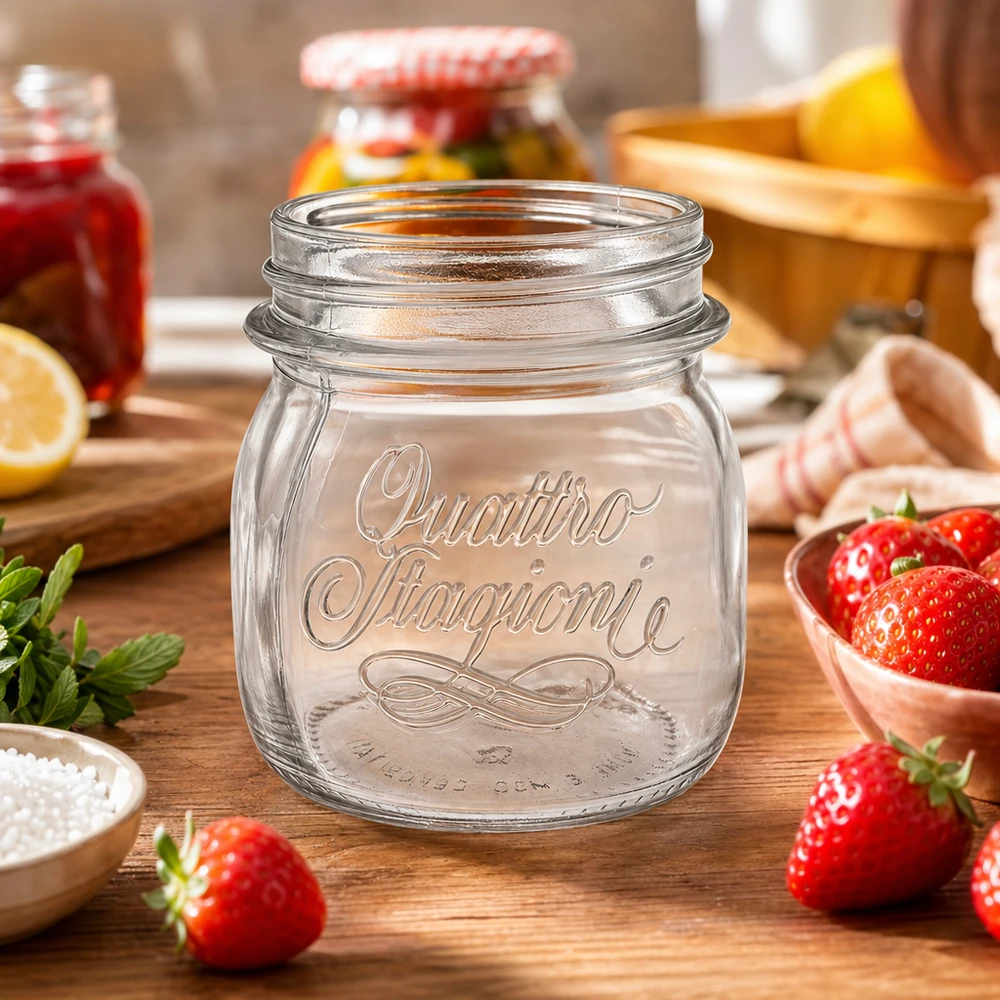 Pot de 250 ml Quattro Stagioni sur table en bois avec fraises fraîches et ustensiles de cuisine pour la conservation