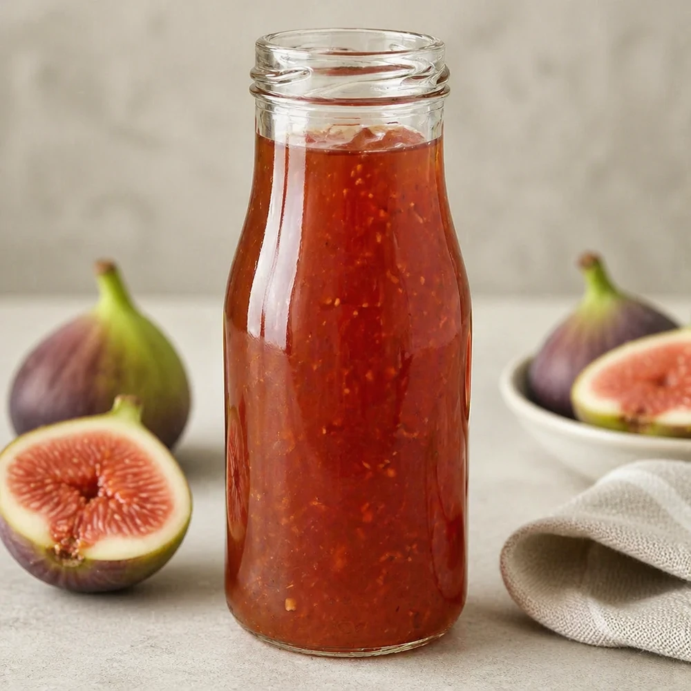 UNiTWIST Bottle150 Bouteille en verre 150ml TO43 remplie de jus de figues rouges à côté de figues fraîches sur fond blanc