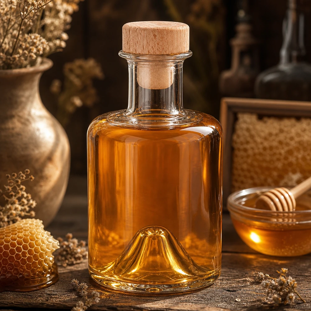 Bouteille en verre Sofia de 200 ml avec bouchon en bois remplie de miel dans une cuisine rustique à côté d'un nid d'abeille et d'un pot de miel