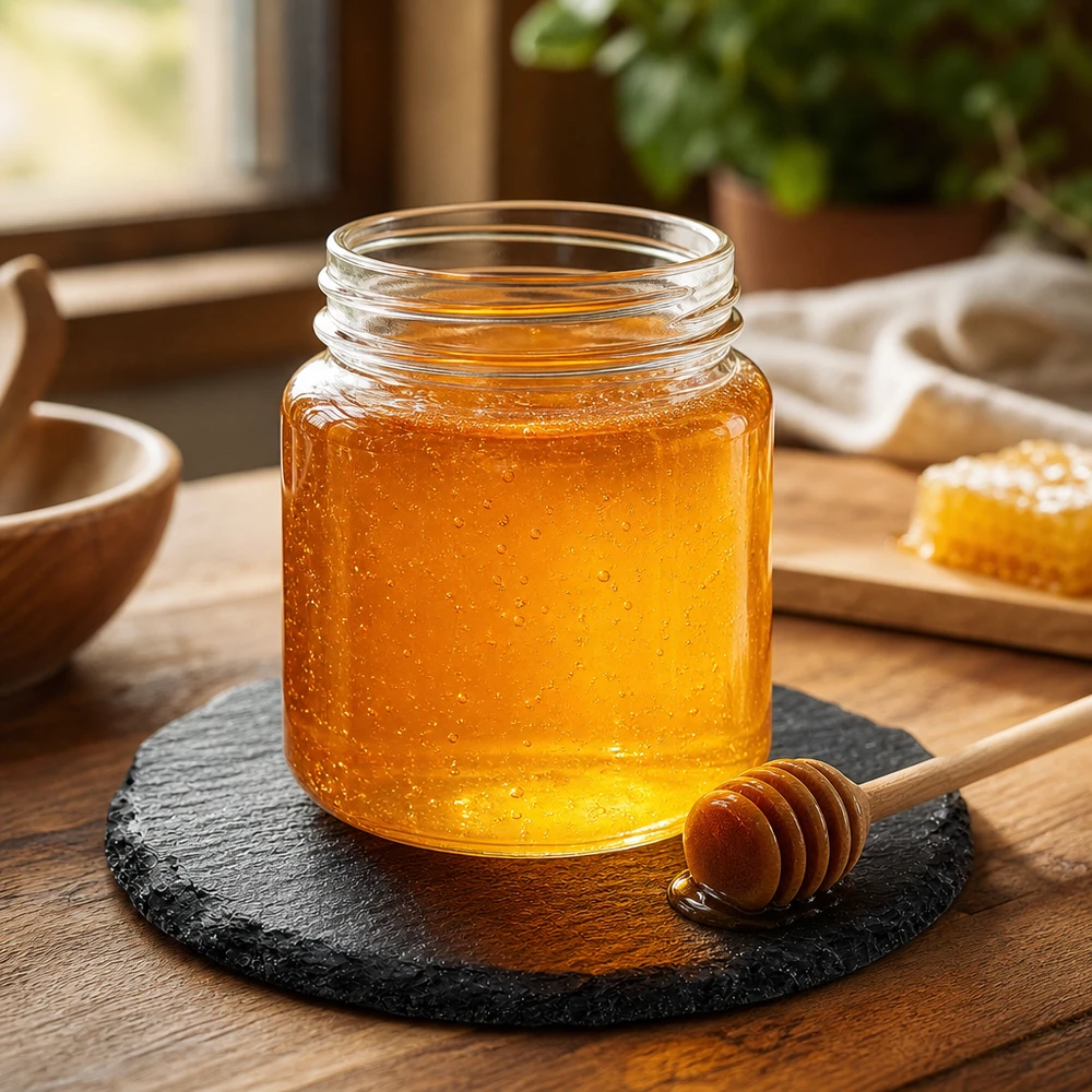 Petit bocal de miel présenté sur un plateau rond en ardoise