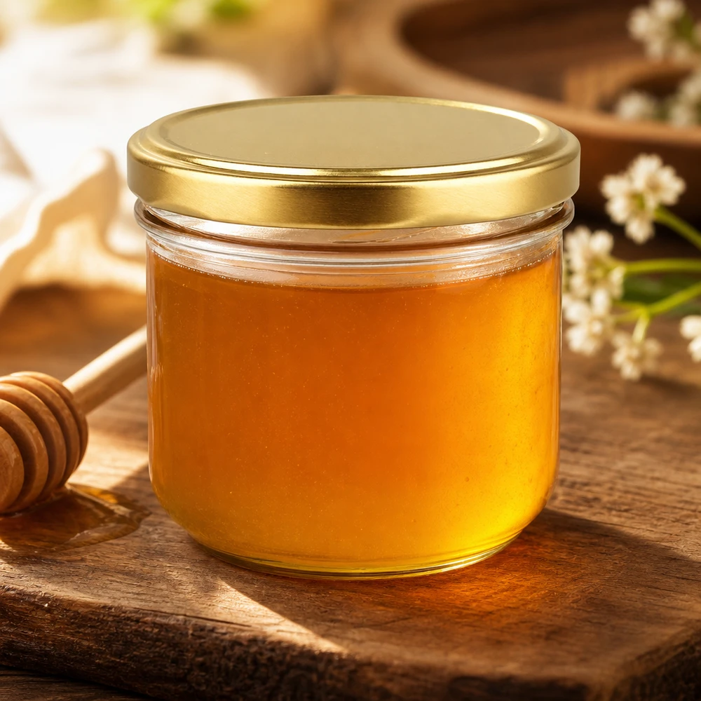 260ml Verre conique avec couvercle BasicSeal or UNiTWIST Verre renversé de 260 ml avec couvercle BasicSeal doré rempli de miel à côté de la cuillère à miel sur une table en bois rustique