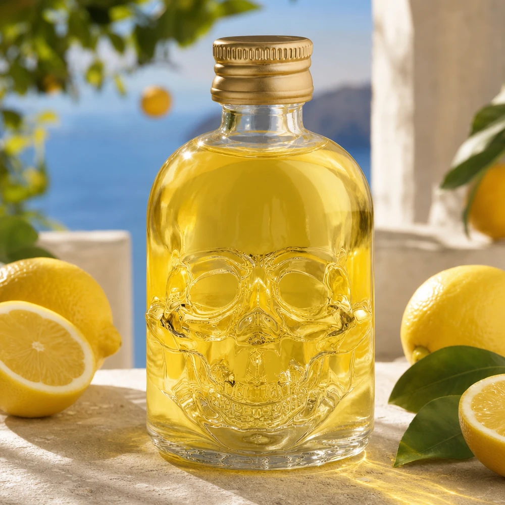 Bouteille en verre Hector à tête de mort de 50 ml avec bouchon en or UNiTWIST pour boissons de qualité supérieure