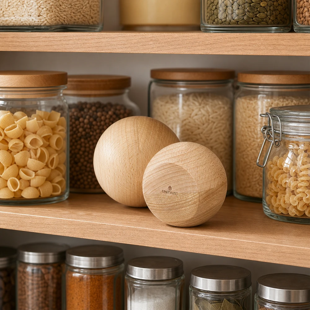 UNiTWIST Sphère en bois (hêtre) pour WECK RR80 Sphères en bois UNiTWIST en hêtre dans une cuisine élégante avec des bocaux WECK - rangement durable pour la cuisine