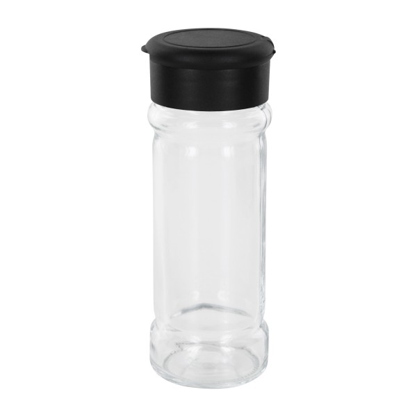 Pot à épices de forme cylindrique 100ml avec filetage 41mm, en verre clair avec couvercle saupoudreur dévissable noir