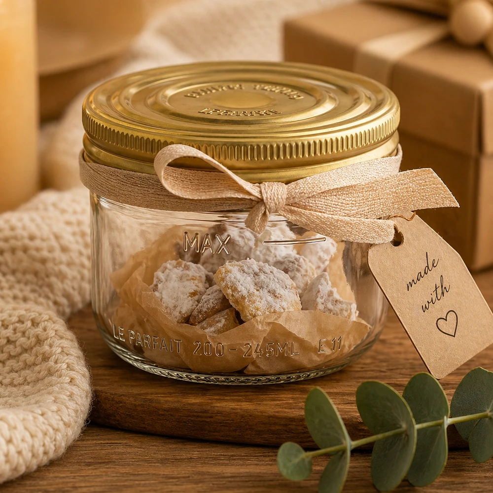 245ml verre renversé Familia Wiss avec couvercle doré rempli de bonbons blancs et ruban cadeau sur table en bois