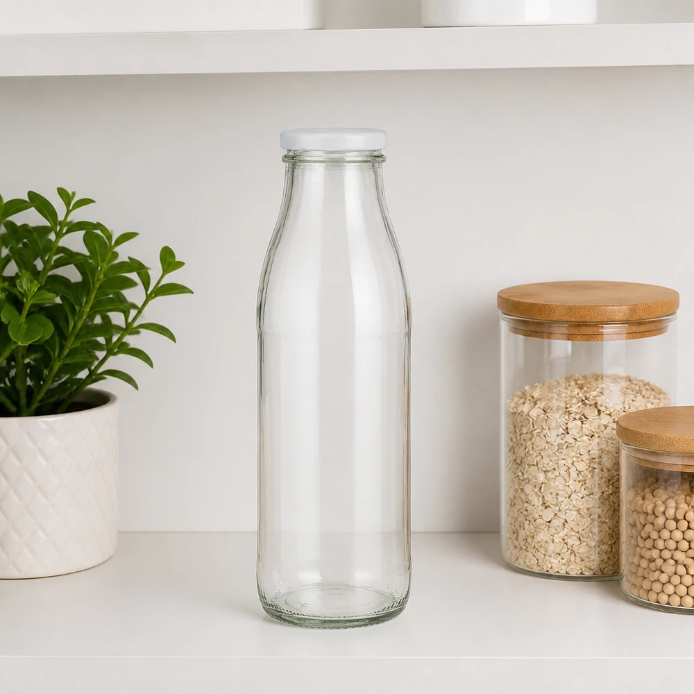 500ml Bouteille avec couvercle BasicSeal blanc UNiTWIST Bouteille en verre transparent de 500 ml avec couvercle blanc BasicSeal sur le plan de travail blanc de la cuisine à côté des boîtes à provisions