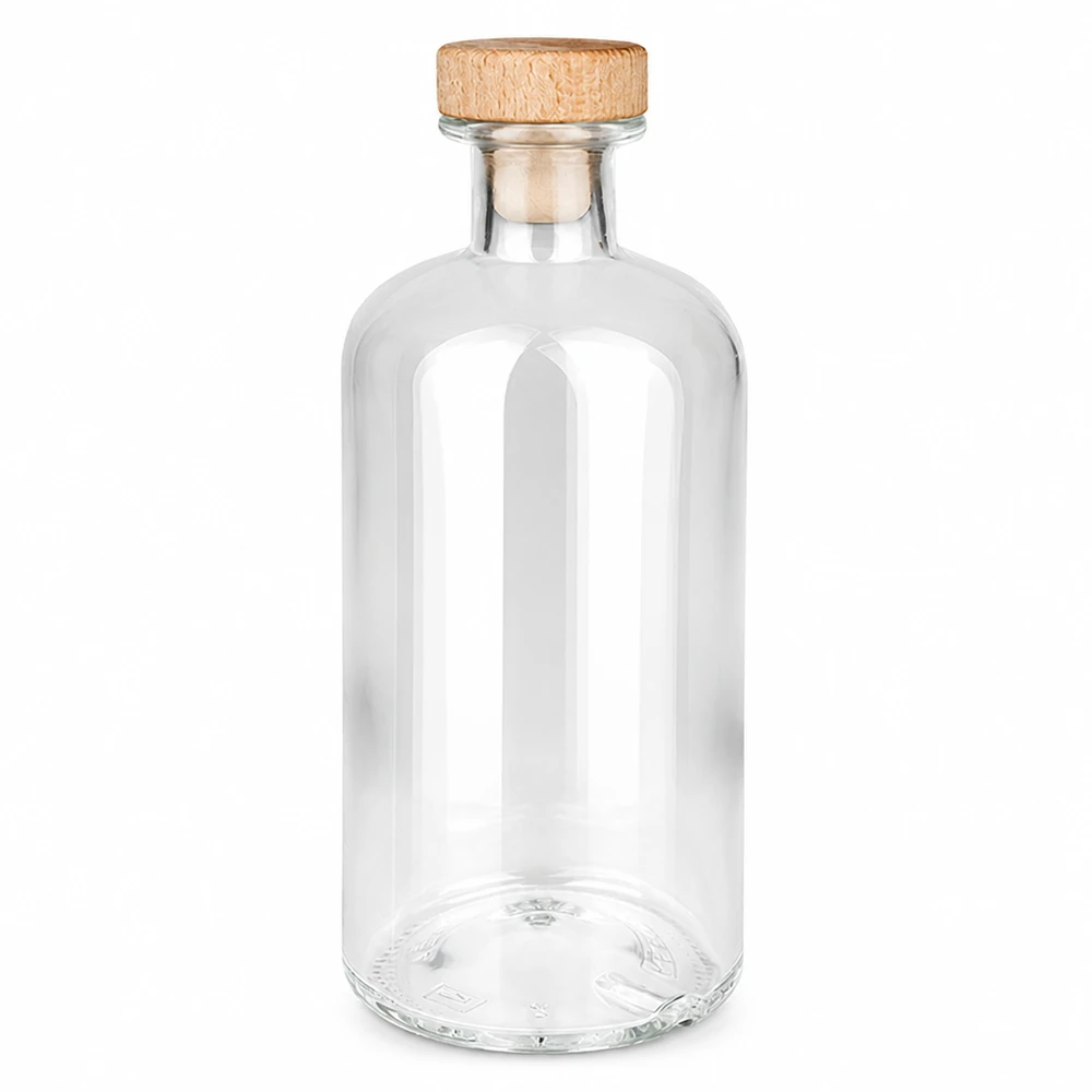 Bouteille en verre Flora de 500 ml avec bouchon à poignée en bois UNiTWIST transparent vide sur fond blanc