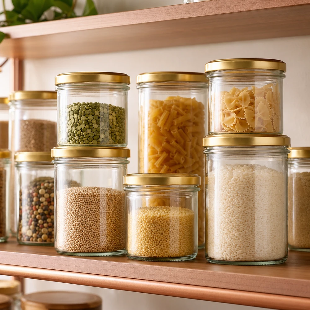 125ml Verre conique avec couvercle BasicSeal or UNiTWIST 125ml Sturzgläser mit BasicSeal Deckel gold zur stilvollen Aufbewahrung von Pasta, Reis und Hülsenfrüchten im Vorratssch