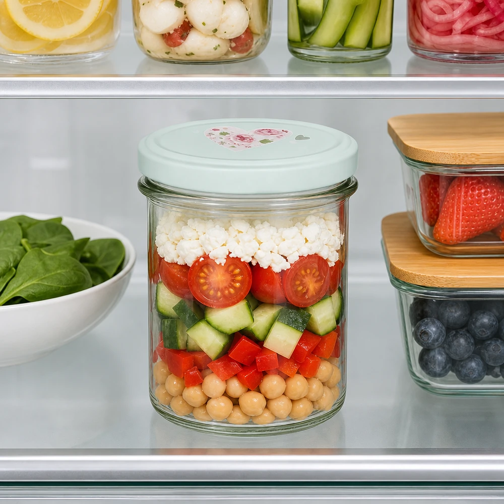 Verres de 350 ml + couvercle BasicSeal cur menthe UNiTWIST Pot de 350ml rempli avec couvercle BasicSeal coeur menthe dans le réfrigérateur avec salade de pois chiches concombre tomate