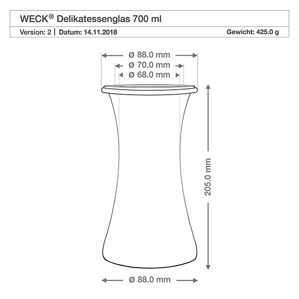 700ml bocal à gourmandises WECK RR80 avec bouchon nature WECK RR80 Delikatessenglas 700ml technische Zeichnung mit Maßangaben Durchmesser 88mm Höhe 205mm Gewicht 425g