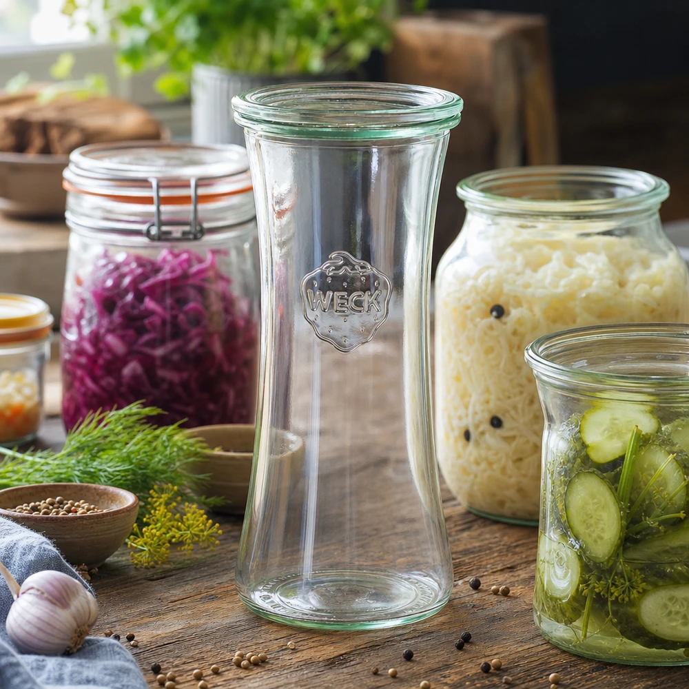 700ml bocal à gourmandises avec bouchon en verre WECK RR80 WECK Delikatessenglas 700ml RR80 umgeben von selbstgemachten Fermentationsprodukten wie Sauerkraut und eingelegten Gurke