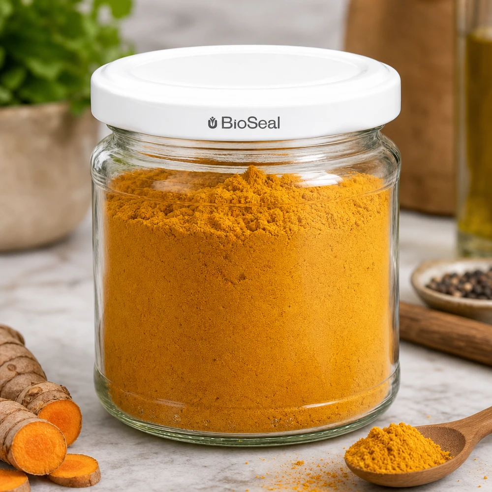 212ml Verre rond avec couvercle BioSeal blanc UNiTWIST UNiTWIST Runda212 Bocal à épices avec poudre de curcuma et couvercle blanc TO66 BioSeal dans une cuisine moderne