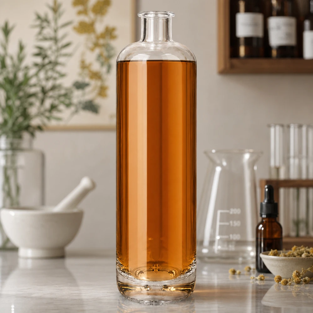 Bouteille en verre 700 ml « Ella » sans bouchon UNiTWIST® Bouteille en verre Ella de 700 ml remplie d'un liquide ambré entre la verrerie de laboratoire et les herbes séchées