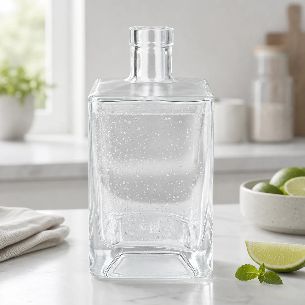 Bouteille en verre Ben de 700 ml remplie d'eau minérale, rafraîchissante dans la cuisine moderne à côté des citrons verts et de la menthe.