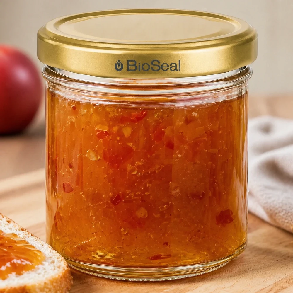 Pot à miel 200 g avec couvercle doré BioSeal UNiTWIST BioSeal pot de 200g rempli de confiture d'abricots couvercle doré sur table en bois avec toasts et fruits en arrière-plan