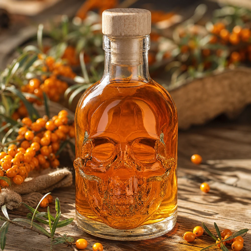 Bouteille en verre 200 ml « Jack » avec bouchon en bois UNiTWIST® Bouteille Jack en verre ambré de 200 ml avec tête de mort en relief parmi des baies d'argousier sur une table en bois rustique