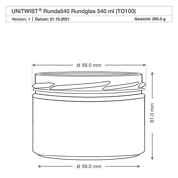 540ml Verre rond sans couvercle (TO100) UNiTWIST UNiTWIST Runda540 Verre renversé 540ml TO100 Dessin technique Dimensions Diamètre 98mm Hauteur 81mm Spécification du produit
