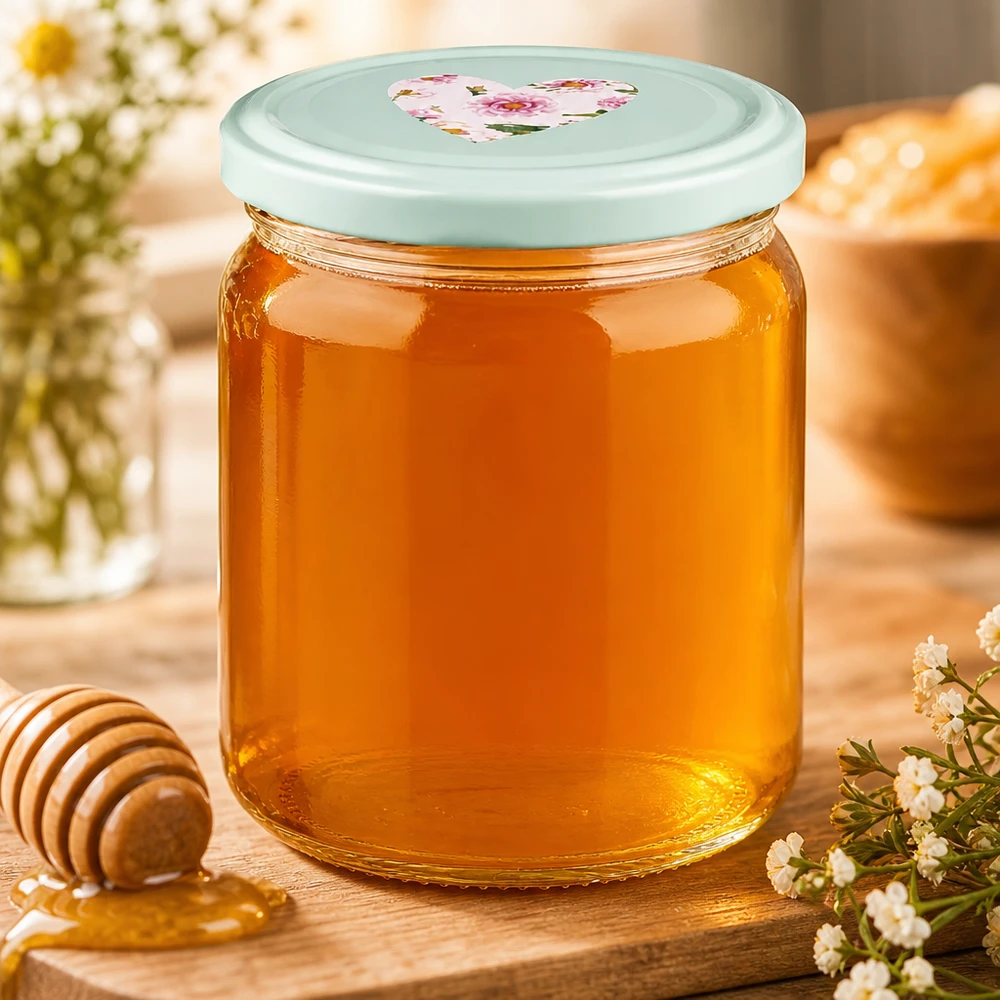 Pot rond 408 ml + couvercle BasicSeal cur menthe UNiTWIST 408ml Rundglas mit mint BasicSeal Herzdeckel voller goldener Honig, dekoriert mit Honiglöffel und Blüten