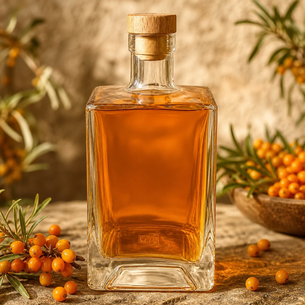 Bouteille en verre Ben de 700ml remplie de liqueur d'argousier orange entre des baies d'argousier décoration naturelle UNiTWIST Ho
