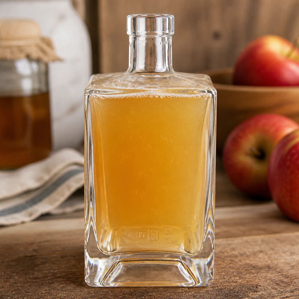 Flacon en verre « Ben » 700 ml sans bouchon UNiTWIST® Bouteille en verre Ben de 700 ml remplie de jus de pomme, à côté de pommes rouges sur une planche en bois, pour une atmosphère de cuisine naturelle.