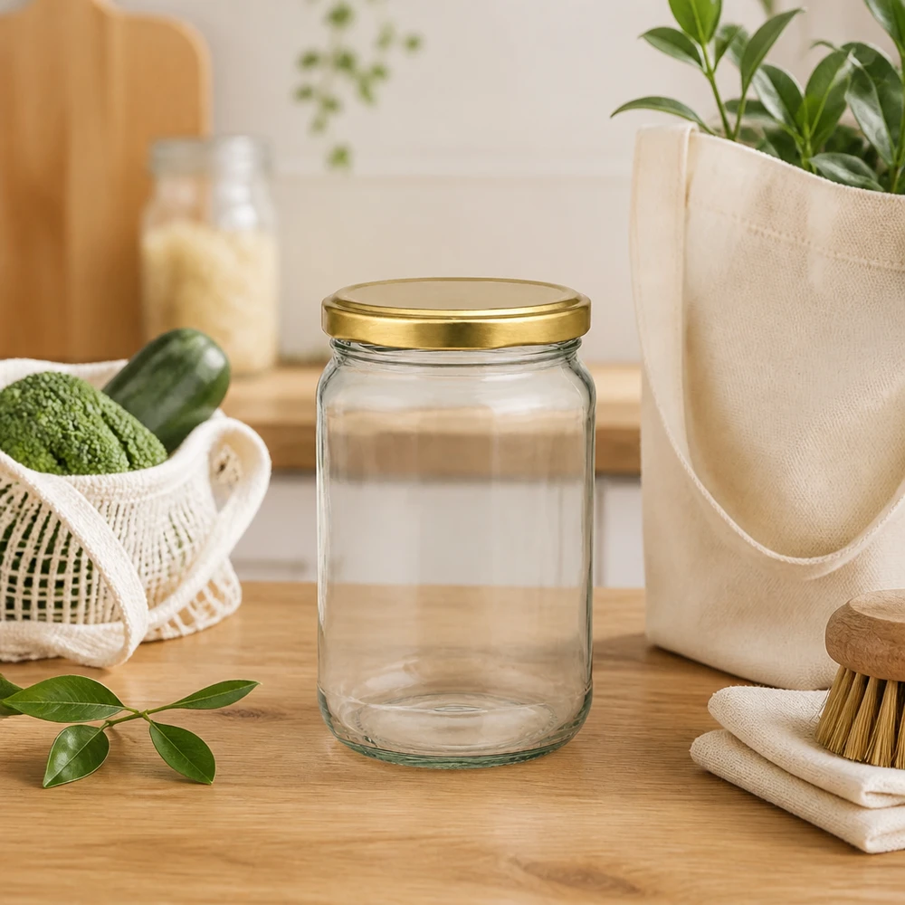 305ml Rundglas BasicSeal UNiTWIST gold in nachhaltiger Küchenszene mit Öko-Tasche und Zero-Waste-Zubehör