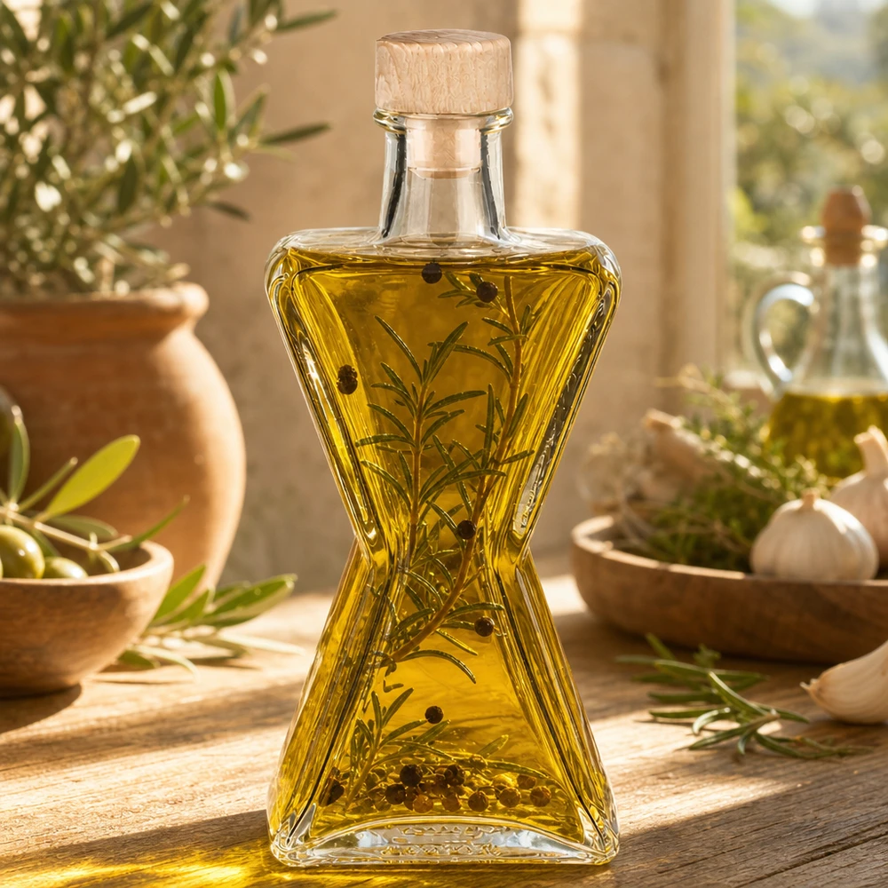 Bouteille en verre Star de 200 ml remplie d'huile aux herbes et de romarin - bouchon en bois UNiTWIST pour huiles et vinaigres aromatiques