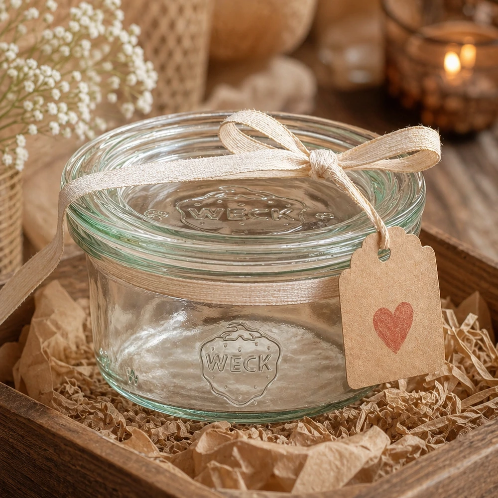 WECK Pot renversé 50ml décoratif comme cadeau avec ruban et pendentif en forme de cœur présenté dans une ambiance rustique