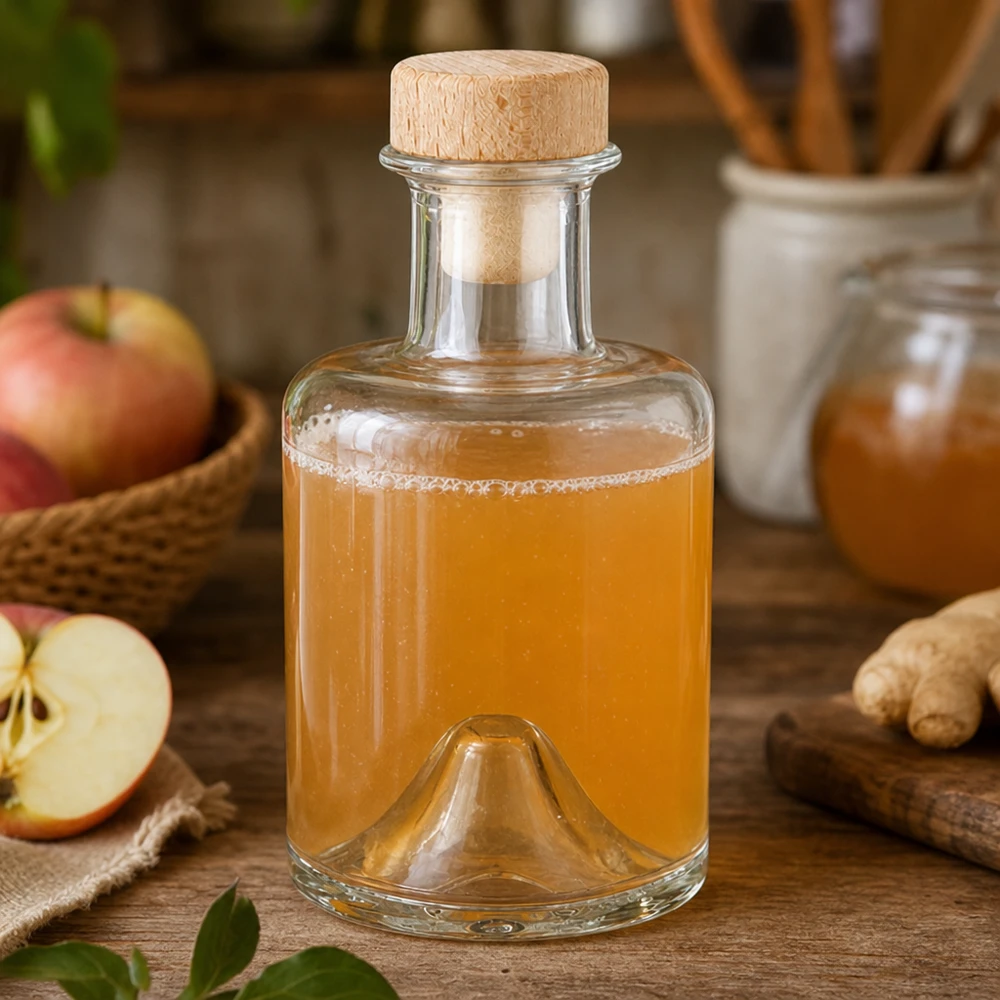 Bouteille en verre Sofia de 200 ml avec bouchon en bois remplie de vinaigre de cidre à côté de pomme et de gingembre dans une scène de cuisine naturelle