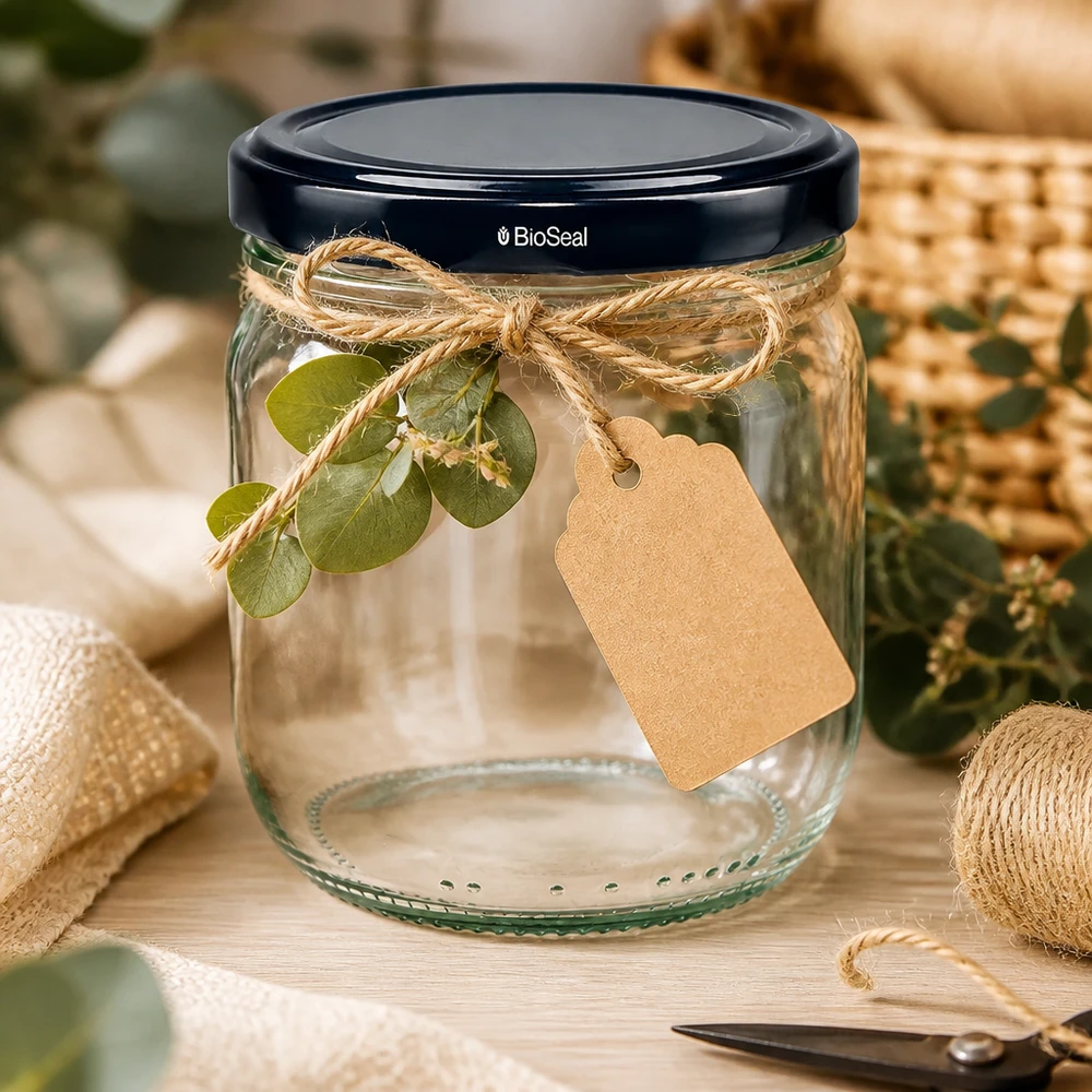 425ml verre rond BioSeal noir décoratif avec étiquette en corde de jute et branche d'eucalyptus comme emballage cadeau