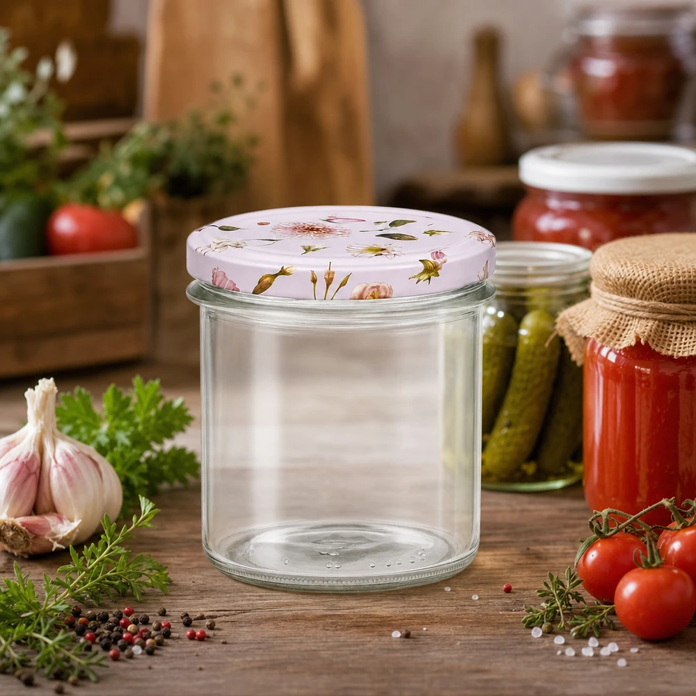 Pot de 350ml avec couvercle à fleur rose dans la cuisine à côté des cornichons marinés, des conserves de tomates et des herbes fraîches.
