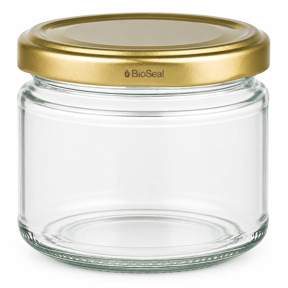 UniTWIST Runda330 Pot de conservation avec couvercle TO82 BioSeal doré en verre transparent pour la conservation