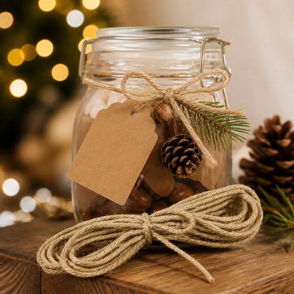 Cordon naturel pour la décoration, 300 cm de long Corde naturelle en jute 300cm comme décoration de Noël avec des pommes de pin et des étiquettes de cadeaux sur un verre décoré pour la fête
