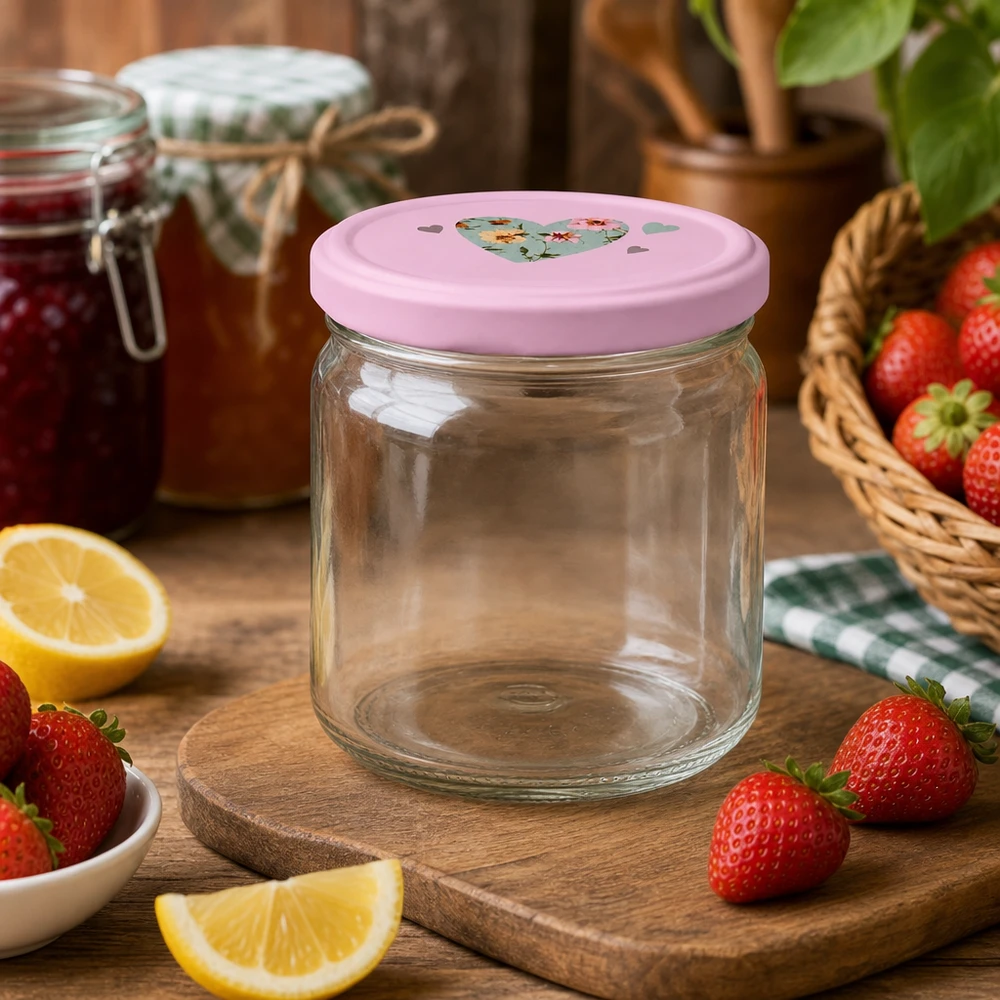 Pot rond de 408 ml avec couvercle rose en forme de cœur BasicSeal entouré de fraises et de citrons frais pour la confiture