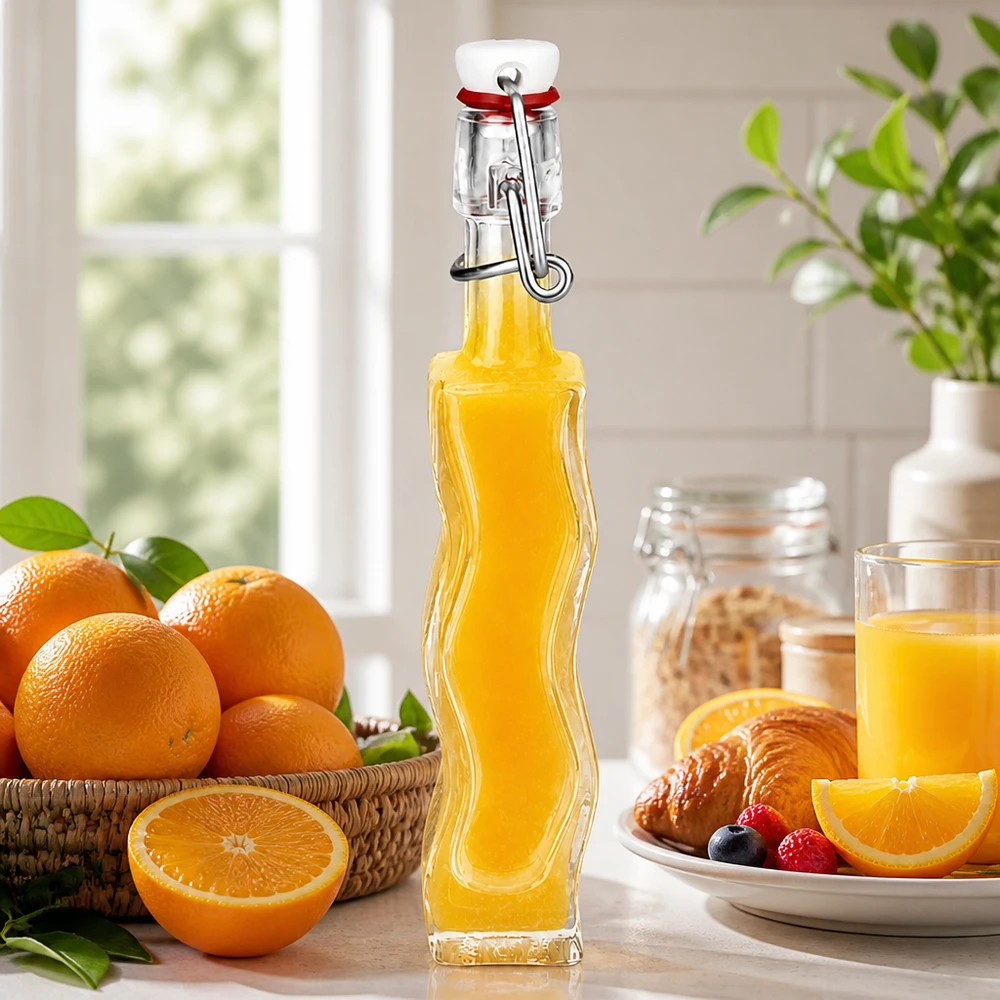 Flacon en verre Anna de 40 ml rempli d'orange à côté d'oranges fraîches et de croissants dans une scène de cuisine ensoleillée
