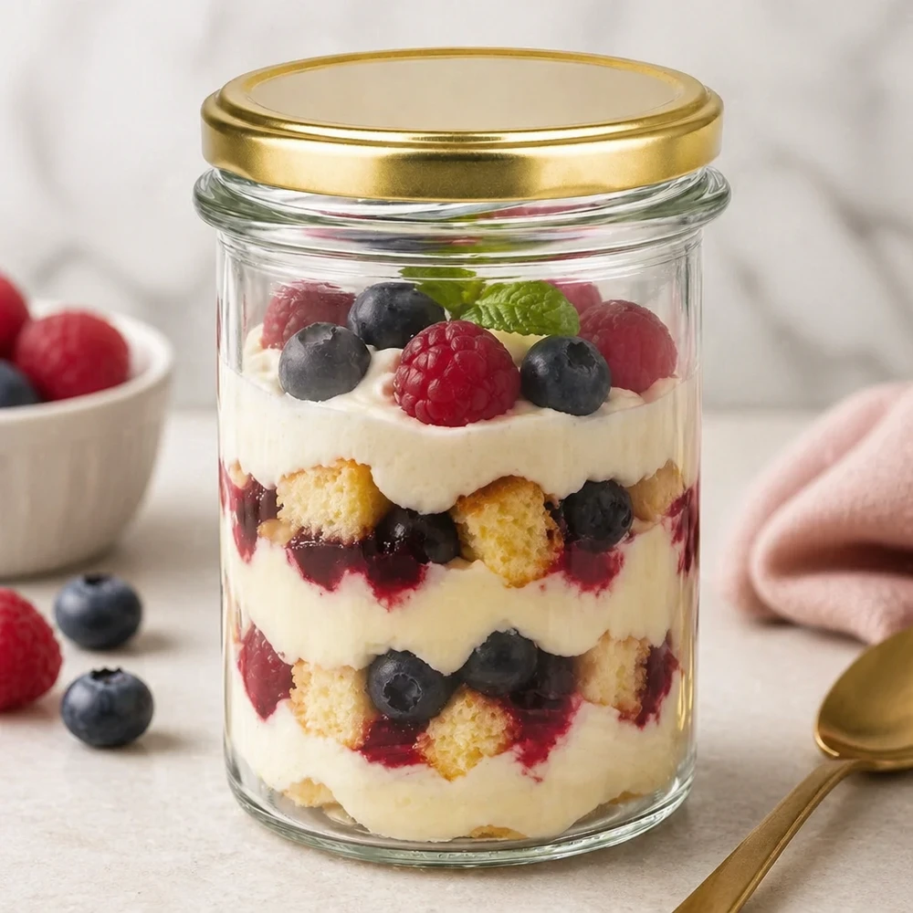 230ml Verre conique avec couvercle BasicSeal or UNiTWIST Verre renversé BasicSeal 230ml couvercle or UNiTWIST rempli de crème dessert aux baies comme verre à dessert