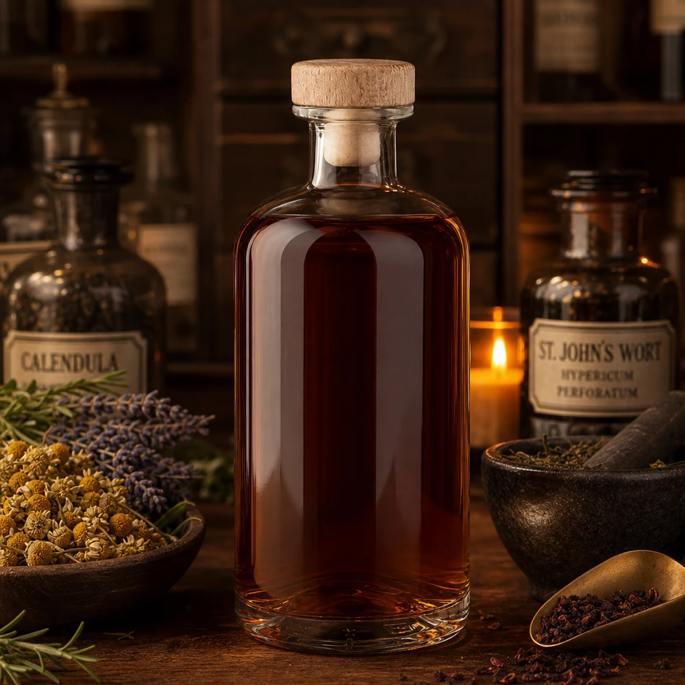 Flacon à pharmacie « Flora » 500 ml avec bouchon en bois UNiTWIST® Bouteille en verre 500ml Flora avec bouchon en bois teinture brune entre les herbes calendula St Johnswort ambiance pharmacien