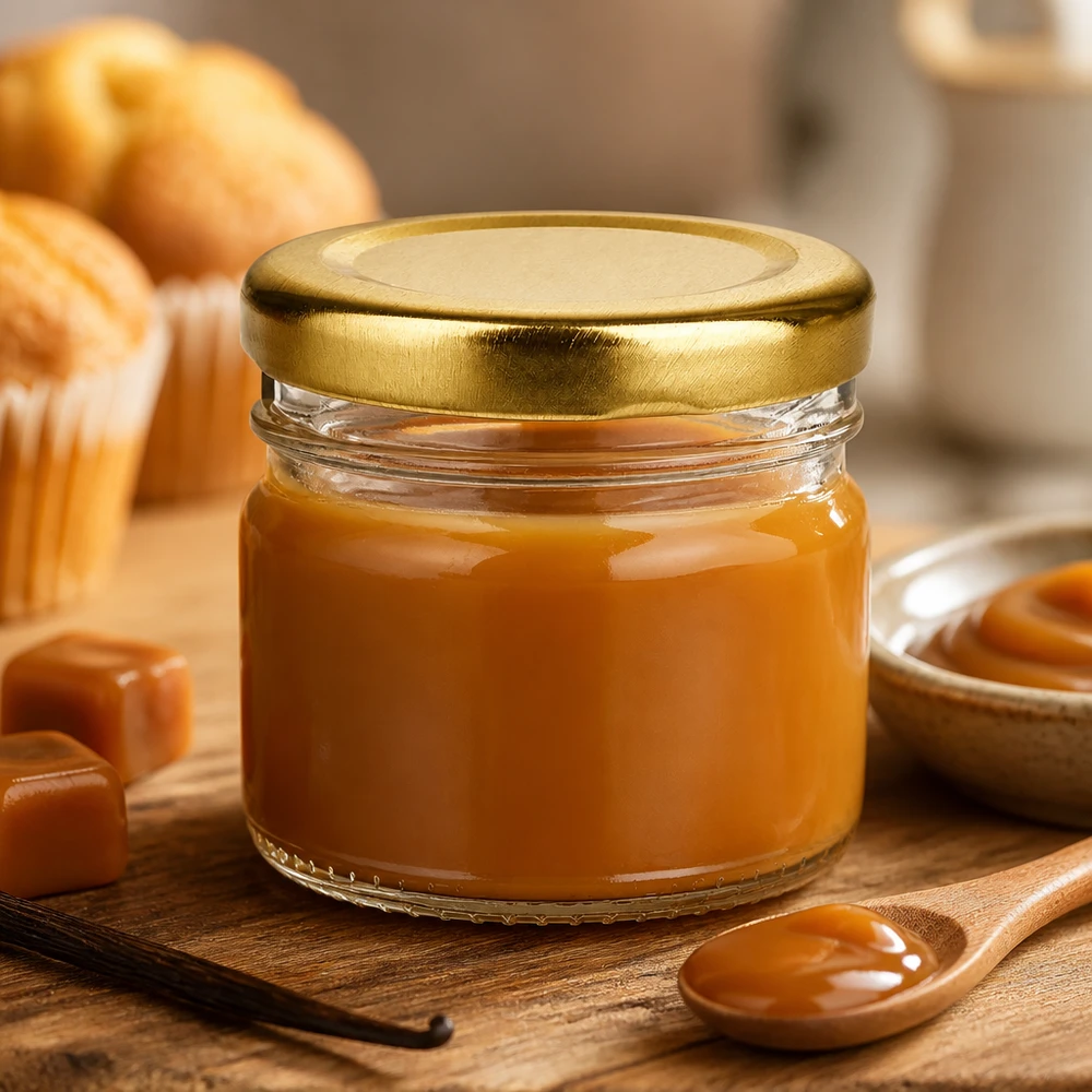 Pot individuel compact UniTwist de 33 ml avec couvercle doré, à côté d'une cuillère en bois et de morceaux de caramel