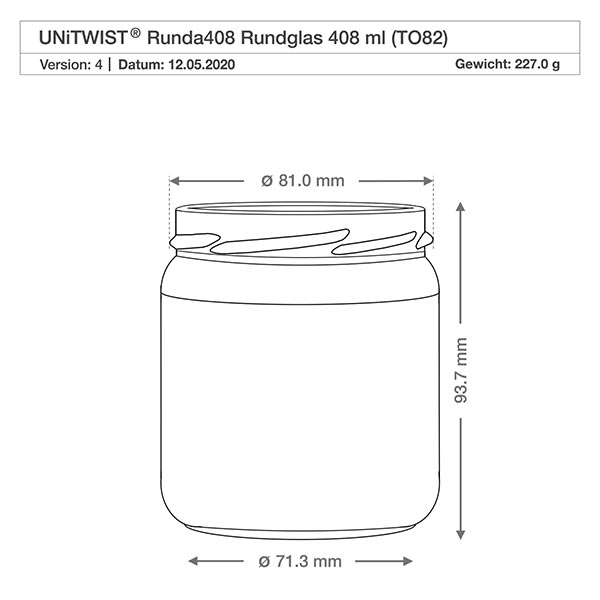 408ml Verre rond sans couvercle (TO82) UNiTWIST UNiTWIST Runda408 verre rond 408ml TO82 dessin technique avec dimensions diamètre 81mm hauteur 93,7mm poids 227g