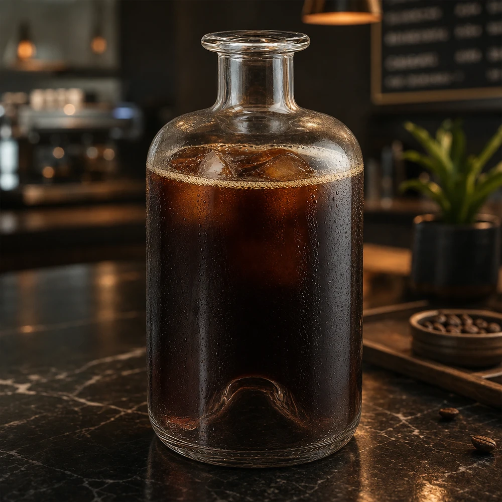 Bouteille de pharmacie Luna 500ml remplie de café Cold Brew sur table en marbre dans une atmosphère de café moderne