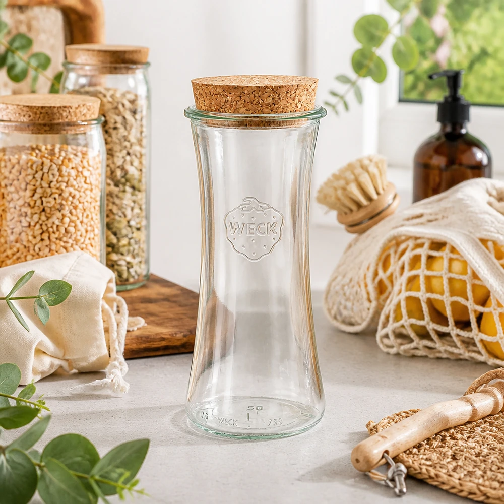700ml bocal à gourmandises WECK RR80 avec bouchon nature WECK RR80 Pot à délicatesse 700ml vide avec couvercle en liège dans la cuisine durable Zero-Waste entre les bocaux à provisions