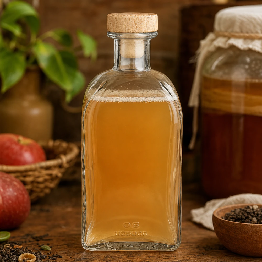 Bouteille en verre Julia de 500 ml avec bouchon en bois remplie de jus de pomme entre des pommes et des épices sur le comptoir de la cuisine