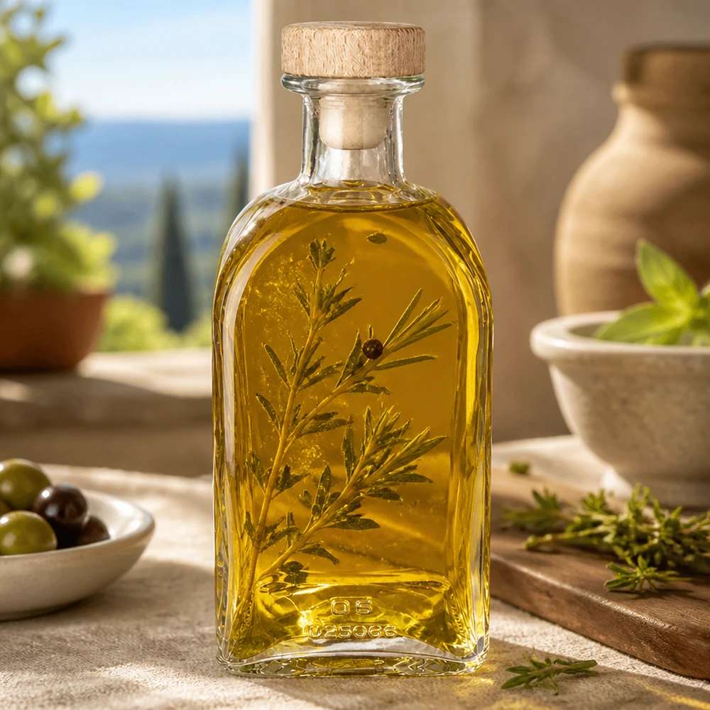 Flacon à pharmacie « Julia » 500 ml avec bouchon en bois UNiTWIST® 500ml Glasflasche Julia mit Holzkorken gefüllt mit Kräuteröl mediterranes Ambiente Olivenöl Gewürzöl Dekoration