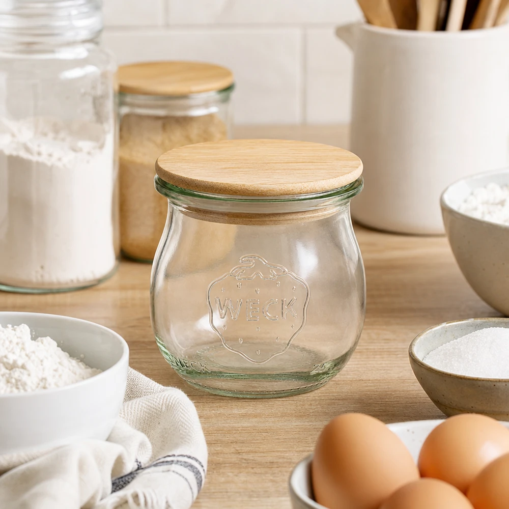 WECK Pot tulipe RR40 75ml avec couvercle en bambou dans une cuisine moderne entouré d'œufs de farine et d'ustensiles de cuisine