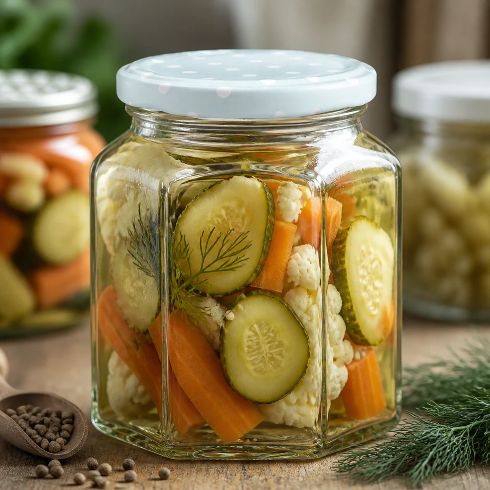 Pot 288 ml hexagonal + couvercle BasicSeal points menthe UNiTWIST Hexaglase de 288ml avec couvercle BasicSeal rempli de légumes marinés et d'aneth sur table en bois avec des épices