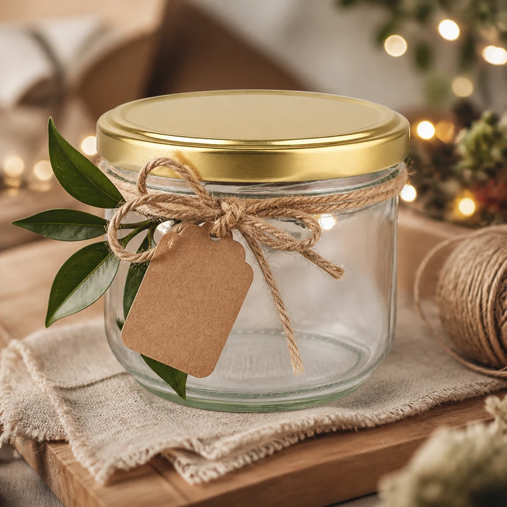Verre renversé de 260 ml BasicSeal Couvercle doré UNiTWIST décoré pour Noël avec ruban en raphia et étiquette cadeau